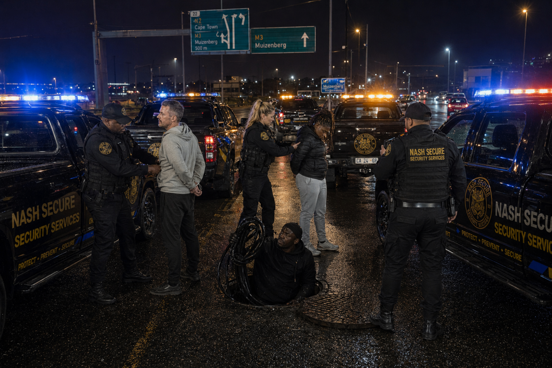 Nash Secure armed response officers detaining suspects on the M3 freeway after a LumaTrack cable-cut alert, with stolen cable recovered from an open manhole