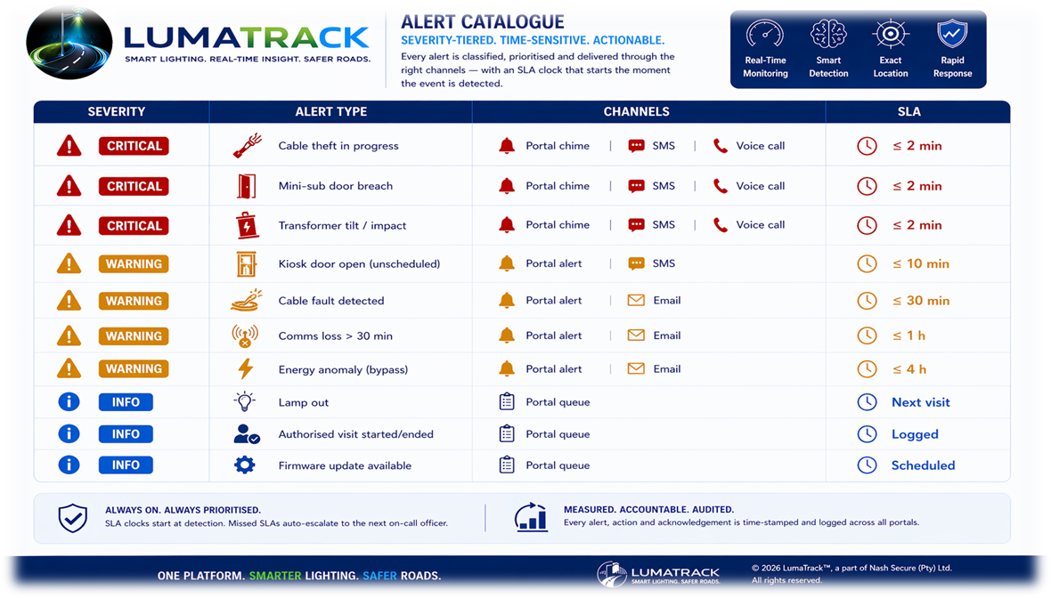 LumaTrack alert catalogue showing severity tiers (Critical, Warning, Info), alert types, notification channels and SLA targets